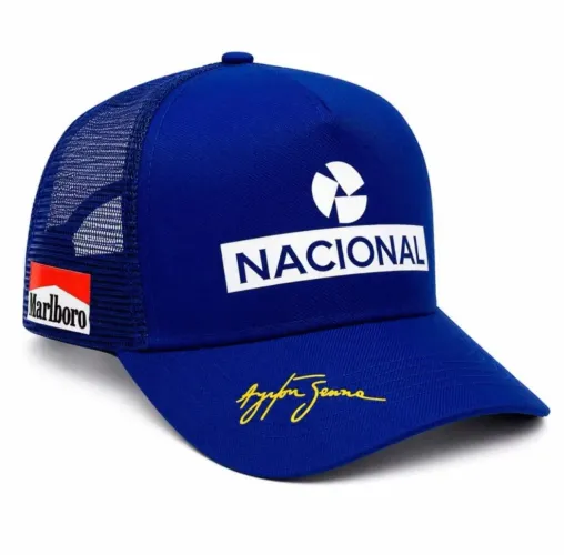 Boné Ayrton Senna Nacional Aba Curva Trucker Tela Supercap Azul Formula 1 Premium