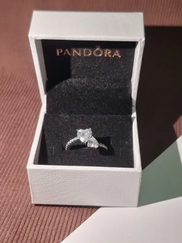 Anel de Prata pandora Dois Corações e Aro Brilhante prata 925