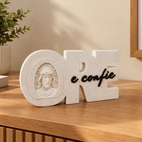 Letreiro ?ore e confie? decorativo com Jesus Cristo