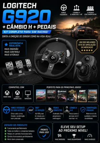 Logitech G920 + Câmbio H + Pedais | Force Feedback | Xbox e PC | Kit Completo | Novo