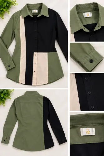 Camisa Feminina Social Manga Longa Verde Militar e Preta com Detalhes Bege