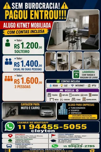 Kitnet mobiliada com contas inclusa