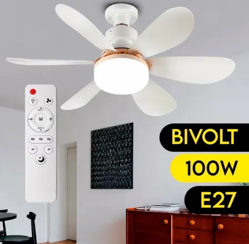 Ventilador Teto Com Luz 60W Integrada Silencioso Branco 6 Pás Com Controle Remoto E27