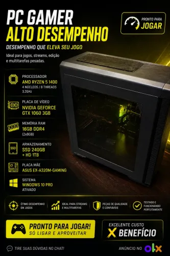 PC Gamer Ryzen 5 + GTX 1060 | 16GB RAM | SSD + HD | Pronto para usar