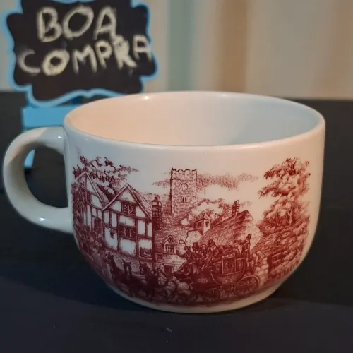Xícara de Porcelana com Gravura Inglesa de Carruagem Vintage Século 18