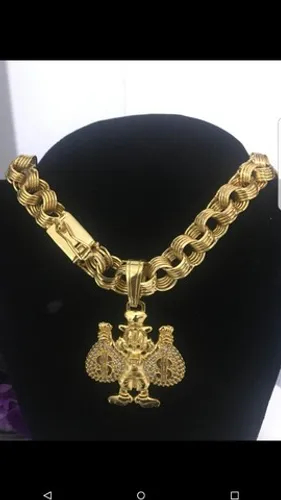 Cordão moeda Friso quádruplo 22m banho de ouro 18k Pingente Cravejado