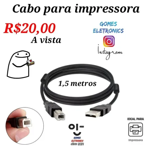 Cabo de Impressora USB 2.0 universal 1.5 Metros - R$20,00