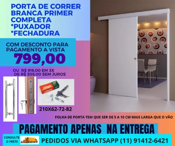 Porta de Correr Branca primer completa modelo pc7 2.10x82 - frete a/c pagamento na entrega