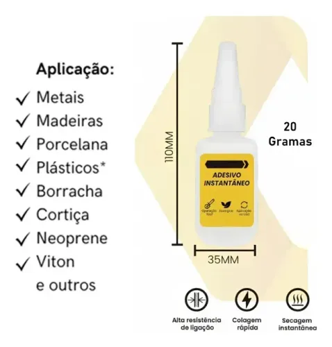 Cola Líquida Adesiva Instantânea Seca Rápido Uso Geral