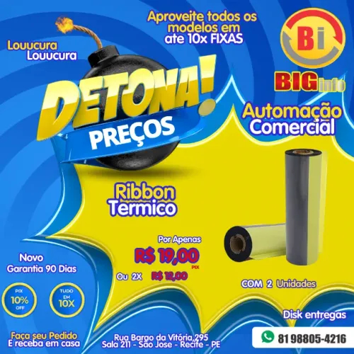 2 Ribbon 110x74m Cera P/ Impressora Térmica Zebra / Argox / Elgin