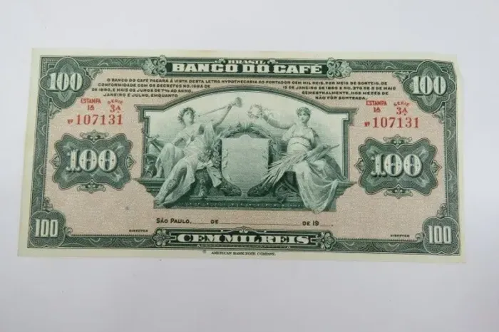 ANTIGA CÉDULA DE 100 MIL RÉIS - VELHA REPÚBLICA - BANCO DO CAFÉ