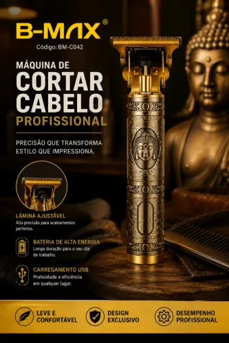 Máquina de Cortar Cabelo e Barbear Elétrica B-Max BM-C042 Dourada