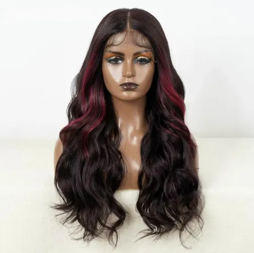 Lace Front 13x7 Preta com Mechas Vinho Ondulada