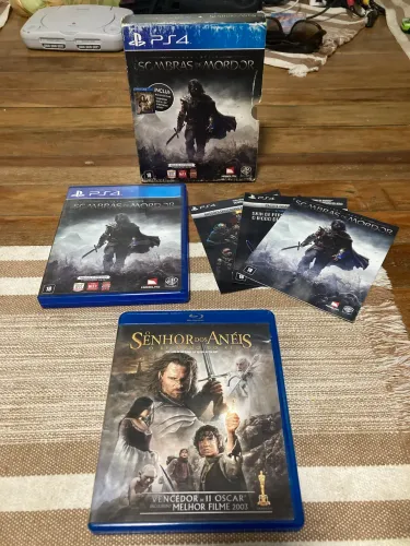 Box Bundle Jogo PS4 Sombras de Mordor Terra Média + Filme Senhor dos Anéis CIB Completo