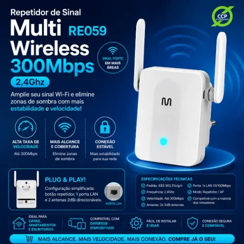 Repetidor de Sinal Multi RE059 Wireless 300Mbps 2,4Ghz