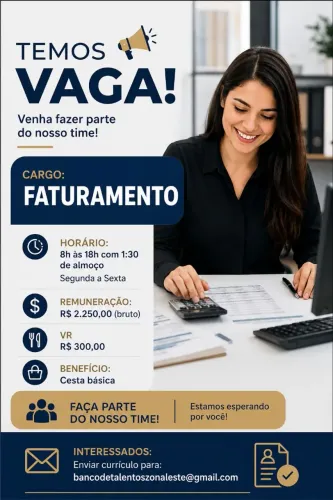 Faturista Administrativo Zona Leste Itaquera segunda a sexta