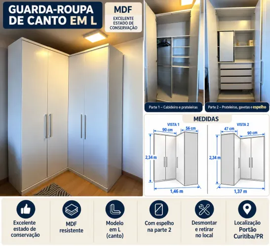 Guarda-Roupa de Canto em L - MDF - Excelente Estado