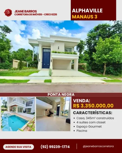 Condomínio Alphaville III | Casa, 345m², 4 Suítes com Closet, Piscina | Ponta Negra