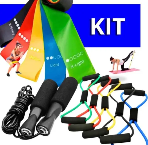 Kit Treino em Casa Completo | Elástico Extensor Cross + Corda + Faixas Elásticas