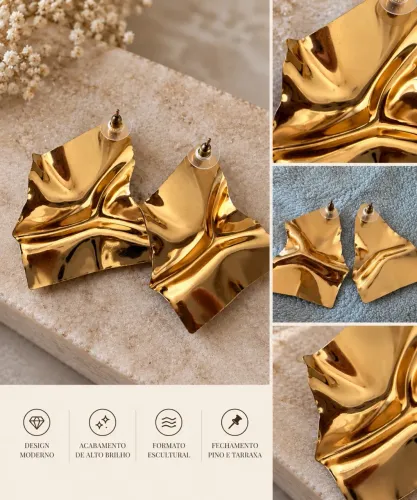 Maxi Brinco Dourado Escultural - Design Moderno