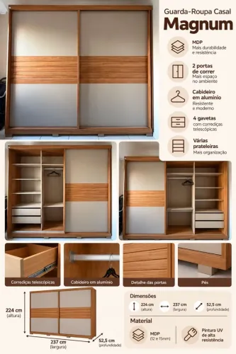Guarda-roupa de casal Magnum, da Carraro, com 2 portas de correr, estrutura em MDP