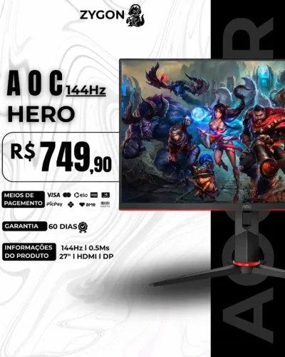 [S/ NOVO] Monitor Gamer AOC Hero 27" 144Hz 1ms - 60 Dias Garantia