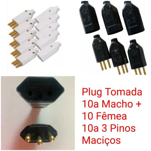 Tomada 10a Macho + 10 Fêmea 10a 3 Pinos Maciços