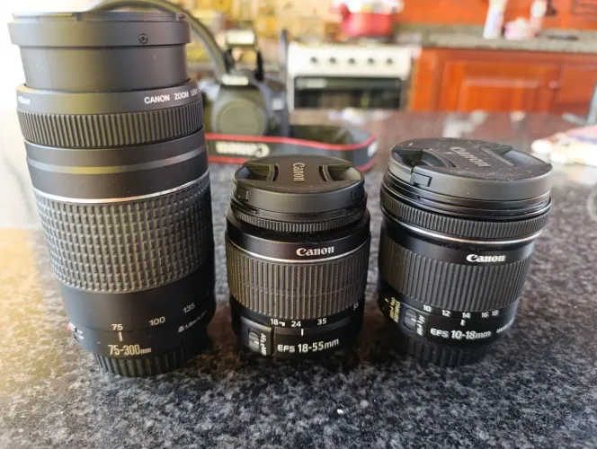 Vendo Canon EOS 2000D com 3 objetivas, carregador, bateria e cartão SD semi nova,.