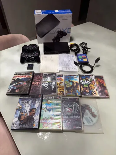 Ps2 Slim na Caixa Original Destravado Completo 2 Controle Série A Memory Card Jogos