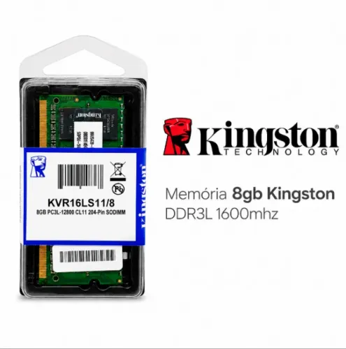 Memória RAM Para Notebook Kingston, 8GB, 1600MHz, DDR3L - KVR16LS11/8