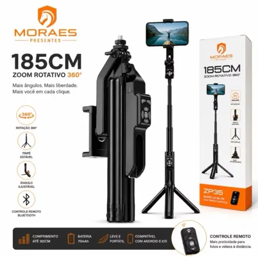 Bastão Selfie Tripé Bluetooth 185cm ZP35 com controle remoto, rotação 360° 