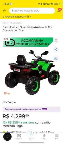 Quadriciclo elétrico aguenta até 65 kg semi-novo