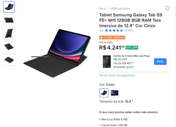 Tablet Samsung Galaxy Tab S9 FE+ Wifi 128GB 8GB RAM Tela Imersiva de 12.4'' Cor Cinza
