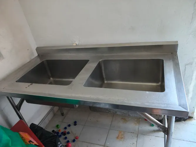Pia de inox cuba dupla, balcão inox refrigerador 