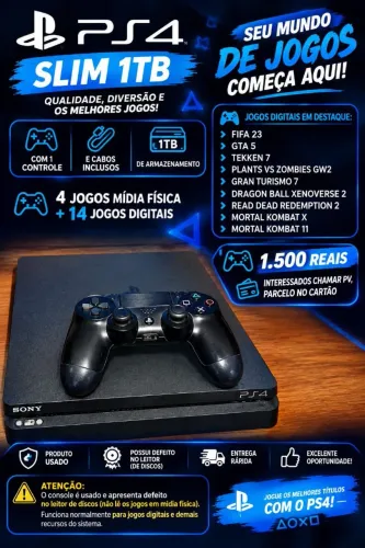 PlayStation 4 Slim 1TB com 1 controle original e cabos inclusos