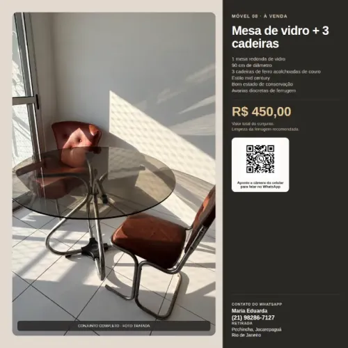 Conjunto Mesa Redonda de Vidro 90 cm + 3 Cadeiras ? Estilo Mid Century ? R$ 450,00