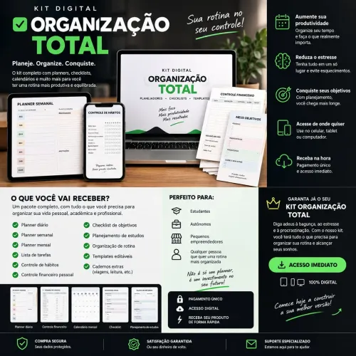 KIT DIGITAL ORGANIZAÇÃO TOTAL | Planner, Controle Financeiro, Hábitos, Estudos e Rotina