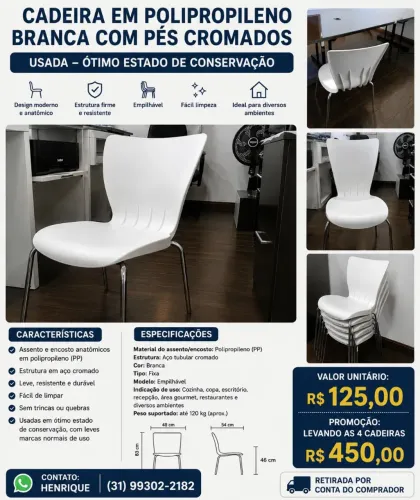 Cadeira em Polipropileno Branca com Pés Cromados - Usada em Ótimo Estado