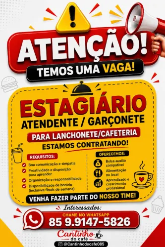 Vaga para atendente/Garçonete (5h de trabalho) remuneração proporcional