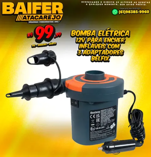 Bomba Elétrica 12v Para Encher Infláveis Com 3 Adaptadores Belfix