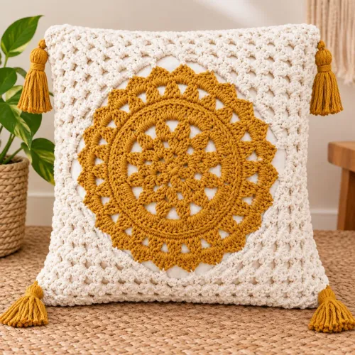 Capa de almofada em Crochê, 45x45cm, cru com mostarda