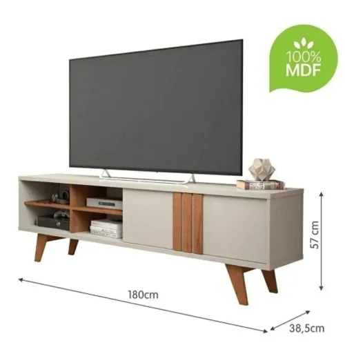 Hack para televisão com pés off white com madeira 4 nichos 1 porta móvel