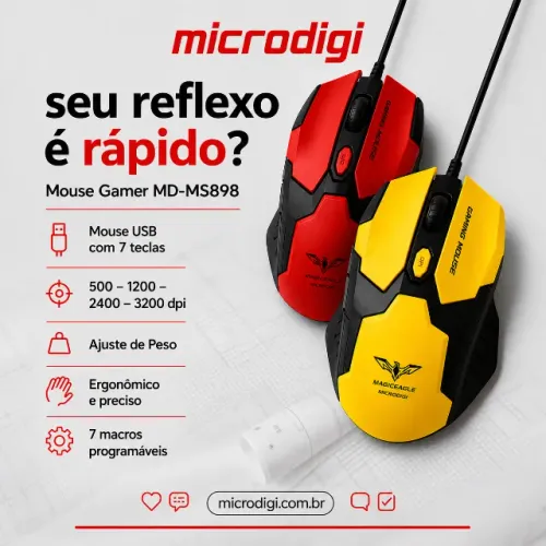 Mouse Gamer  3200 DPI, 7 Botões, macro, Ajuste de Peso- MD-MS898 (produto novo)