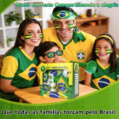 KIT Torcedor BRASIL 12 Itens - Bandeira do Brasil, trompete, adesivo, tintura, etc