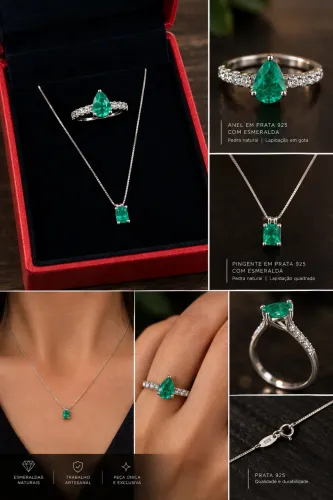 Conjunto Anel + Colar em Prata com Esmeralda Verde