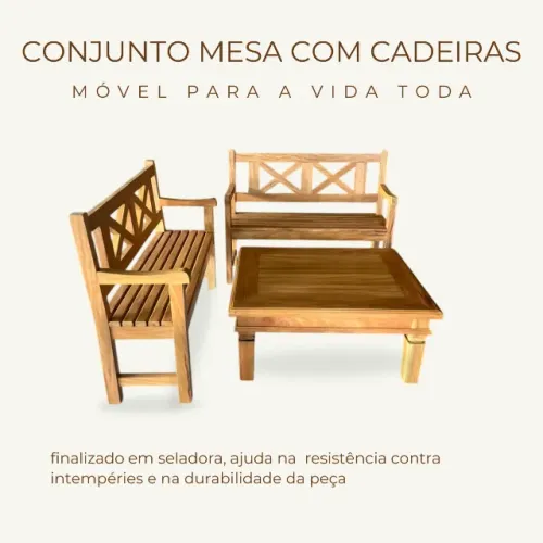 Conjunto De Mesa e 2 Bancos Em Madeira Maciça peroba rosa