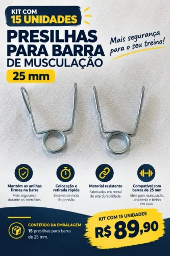 Kit 15 Presilhas para Barra de Musculação 25mm - Presilha com Mola