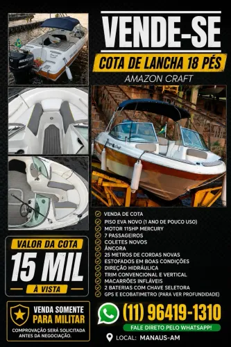 VENDE-SE COTA DE LANCHA AMAZON CRAFT 18 PÉS - R$ 15.000 À VISTA
