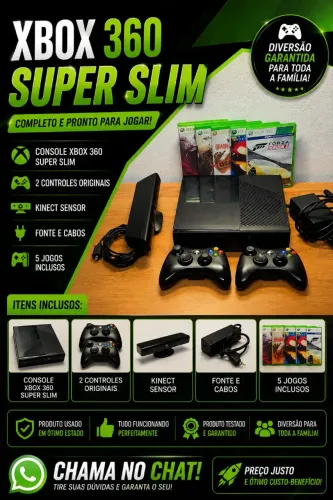 Xbox 360 Super Slim + 2 Controles + Kinect + 5 Jogos | Completo