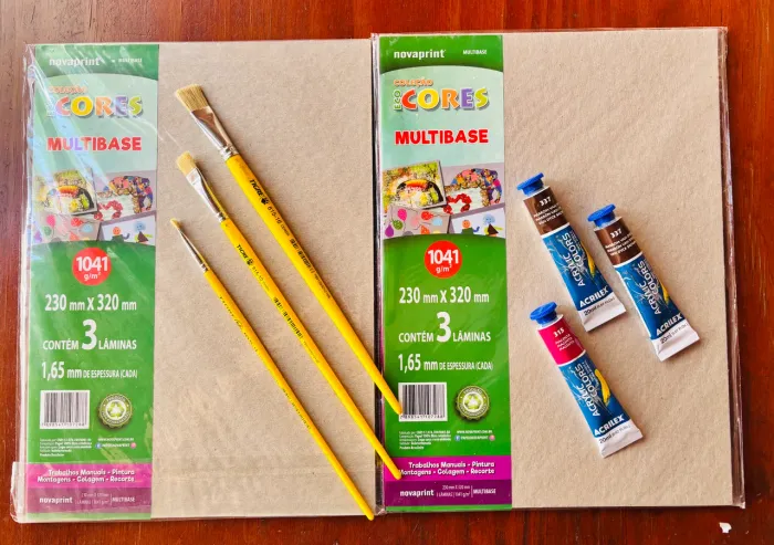 Kit Pintura:3 bisnagas tinta acrílica marrom magenta,3 pincéis n4,12,16 e6laminasMultibase